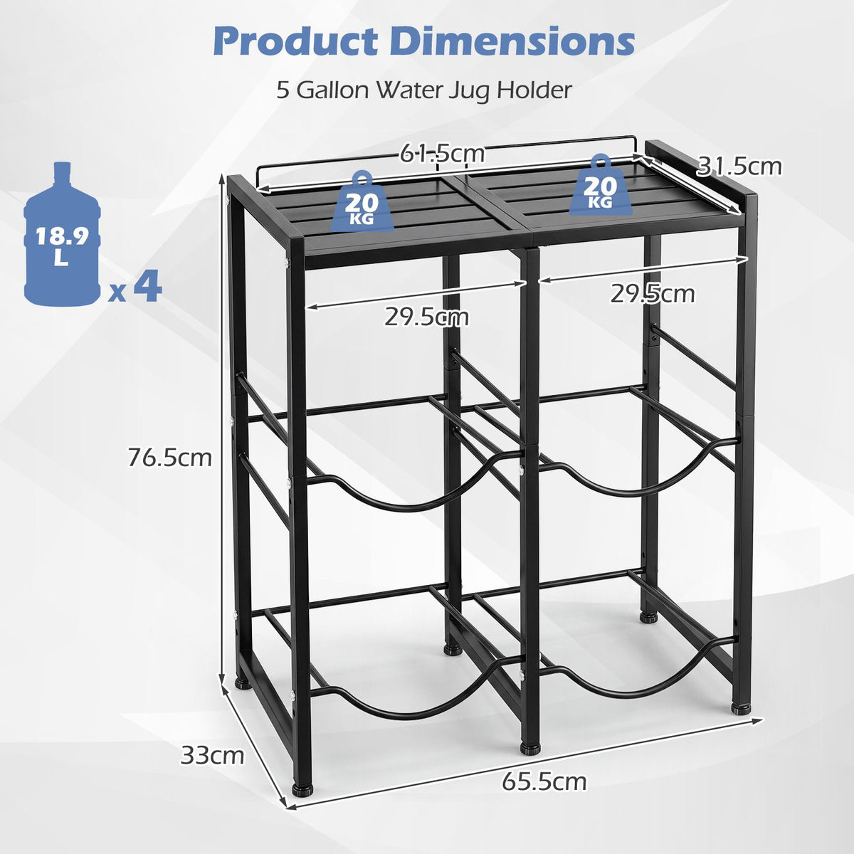 18.9 L Water Jug Holder for 4 Bottles with Top Shelf and Tilting Design for Kitchen