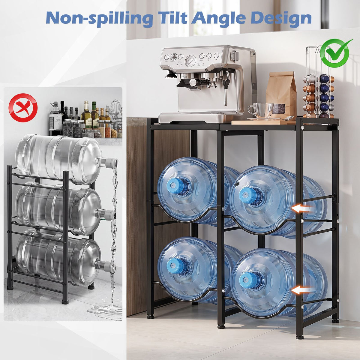 18.9 L Water Jug Holder for 4 Bottles with Top Shelf and Tilting Design for Kitchen