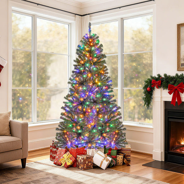 180/210 CM Pre-Lit Artificial Christmas Tree with Multicolored LED Lights and Foldable Metal Stand