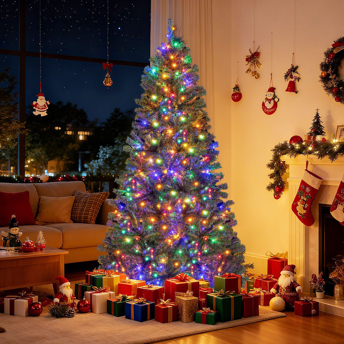 180/210 CM Pre-Lit Artificial Christmas Tree with Multicolored LED Lights and Foldable Metal Stand