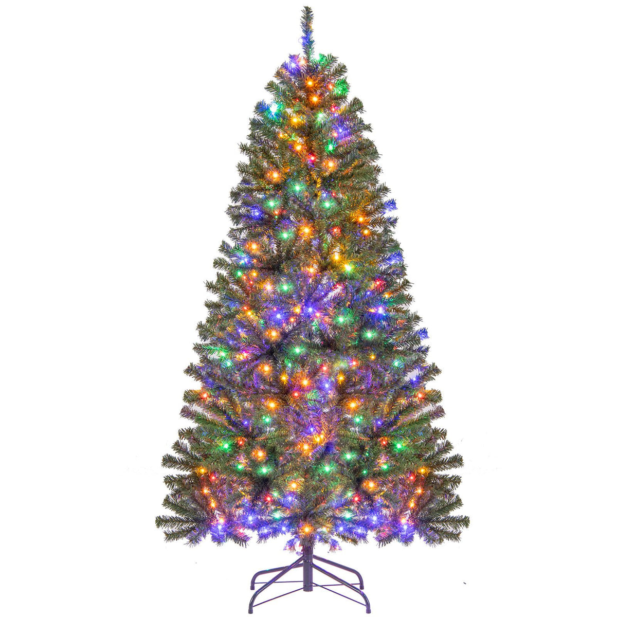 180/210 CM Pre-Lit Artificial Christmas Tree with Multicolored LED Lights and Foldable Metal Stand