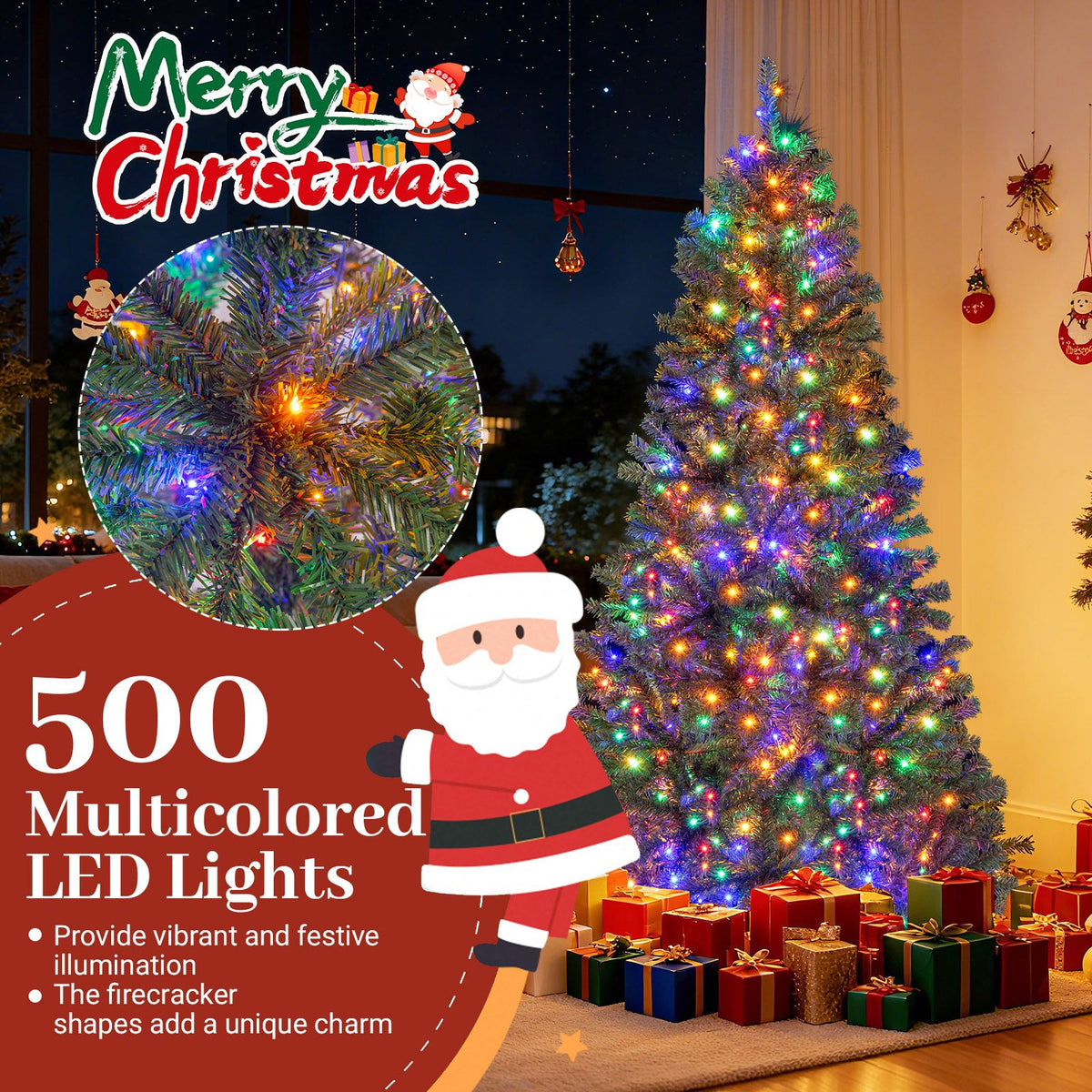 180/210 CM Pre-Lit Artificial Christmas Tree with Multicolored LED Lights and Foldable Metal Stand
