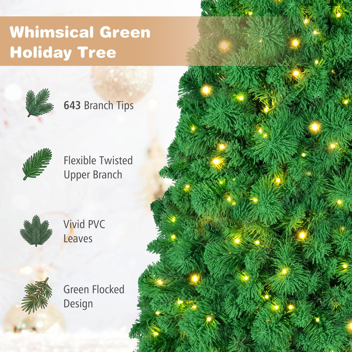 150cm/180cm Flocked Christmas Tree with LED Lights and Pine Needles