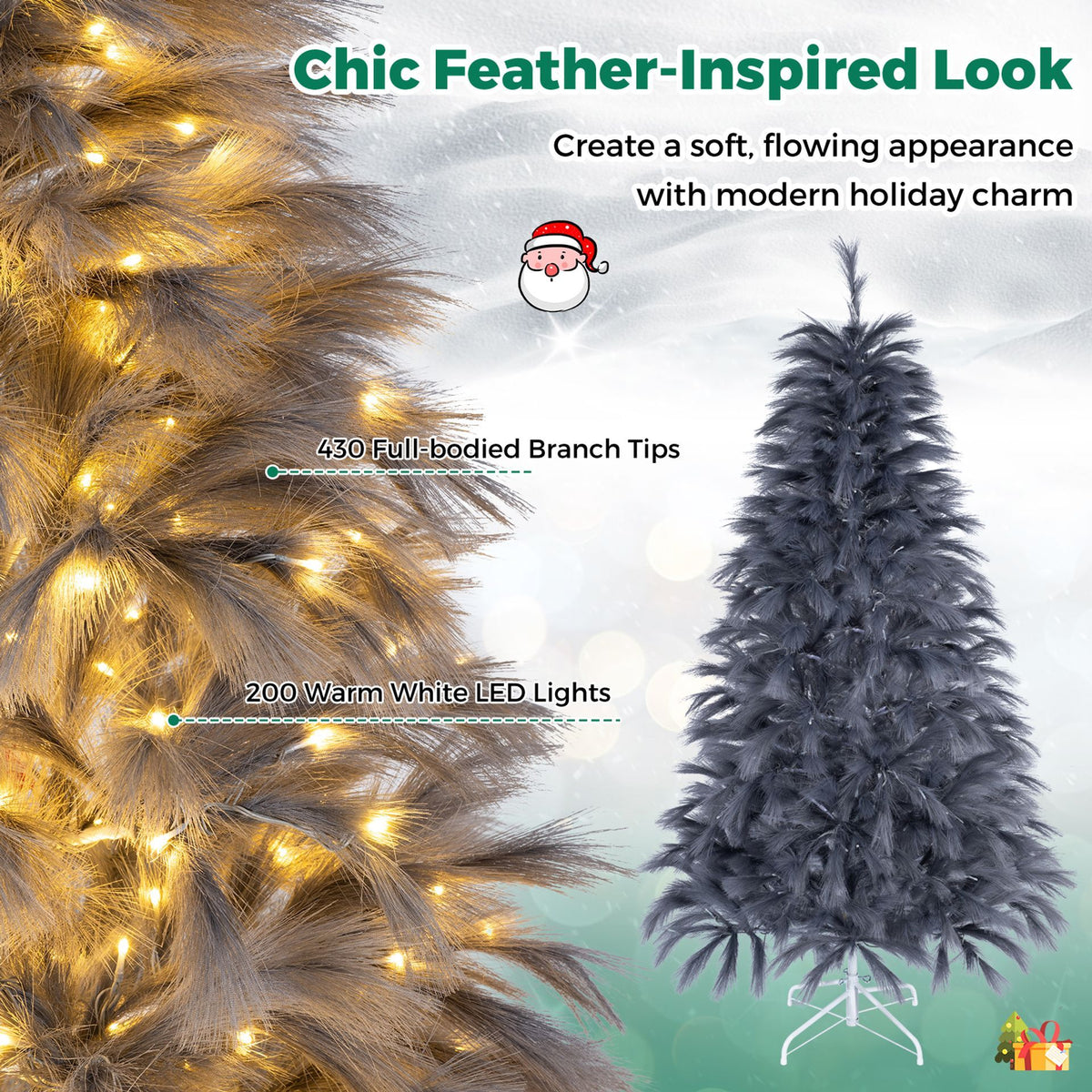 180cm Pre-Lit Christmas Tree with 430 Feather-Inspired Branch Tips and 200 Warm White LED Lights