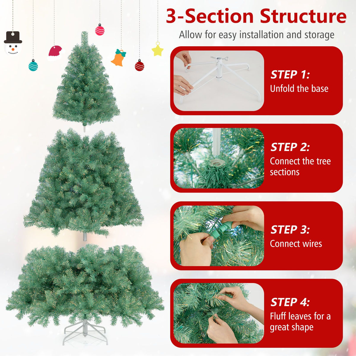 1.8 M/2.25 M Pre-Lit Tinsel Christmas Tree Artificial Xmas Tree with 688/1300 Lush Branch Tips