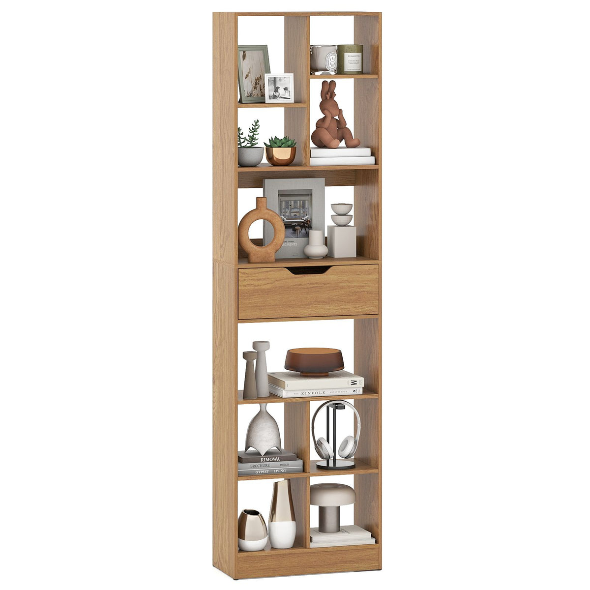 180cm Tall Freestanding Bookcase with Drawer and 2 Anti-Tip Kits for Home Office