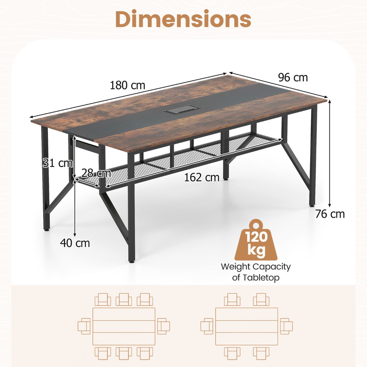 180cm Conference Table with Cable Grommet and Storage Shelf