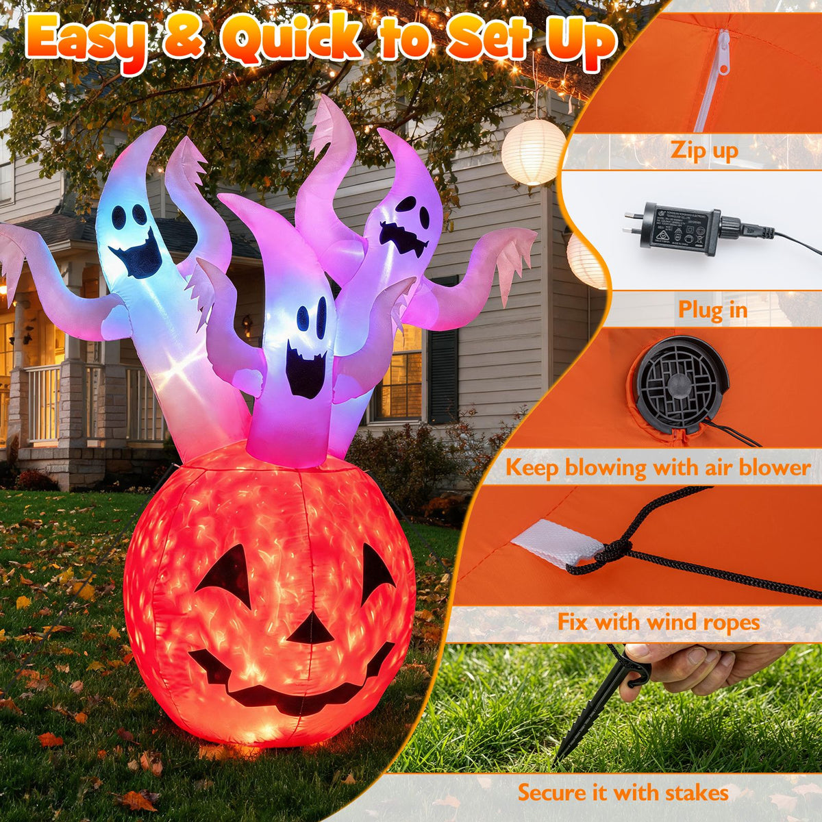 185cm Inflatable Ghost Pumpkin with Colorful Lights