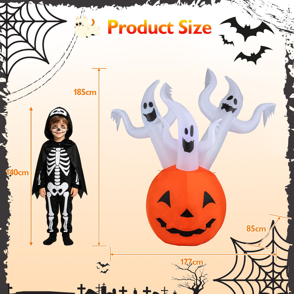 185cm Inflatable Ghost Pumpkin with Colorful Lights