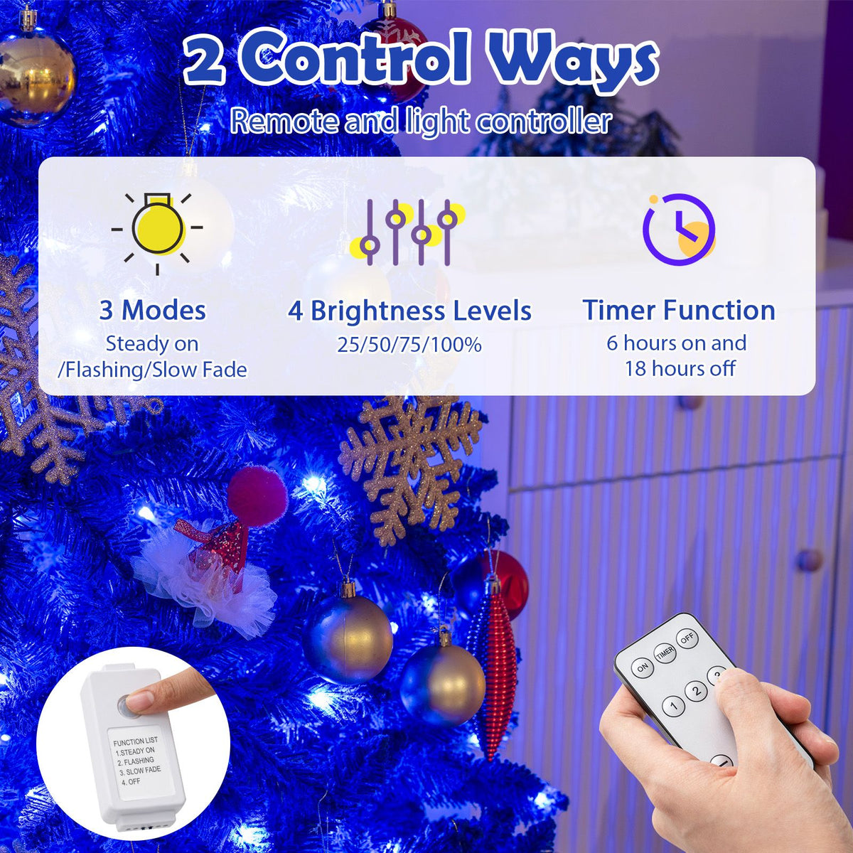 185cm Pre-Lit Artificial Christmas Tree with 250 Blue LED Lights 588 Snow Flocked Branch Tips