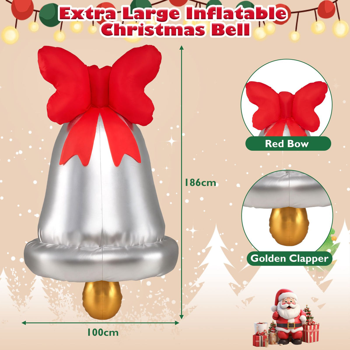 186cm Giant Inflatable Christmas Bell Outdoor Decoration