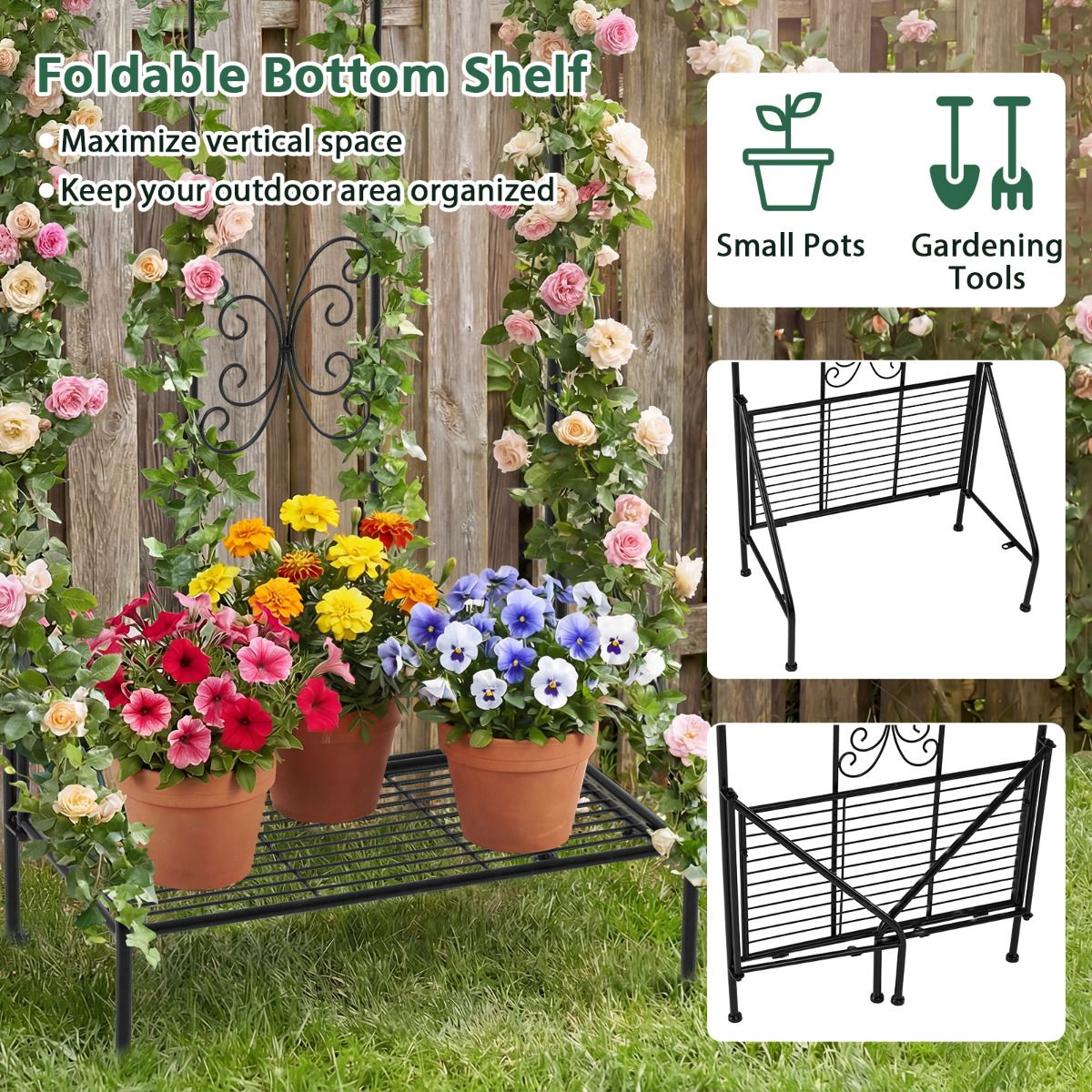 190 cm Freestanding Rose Metal Trellis with Foldable Shelf