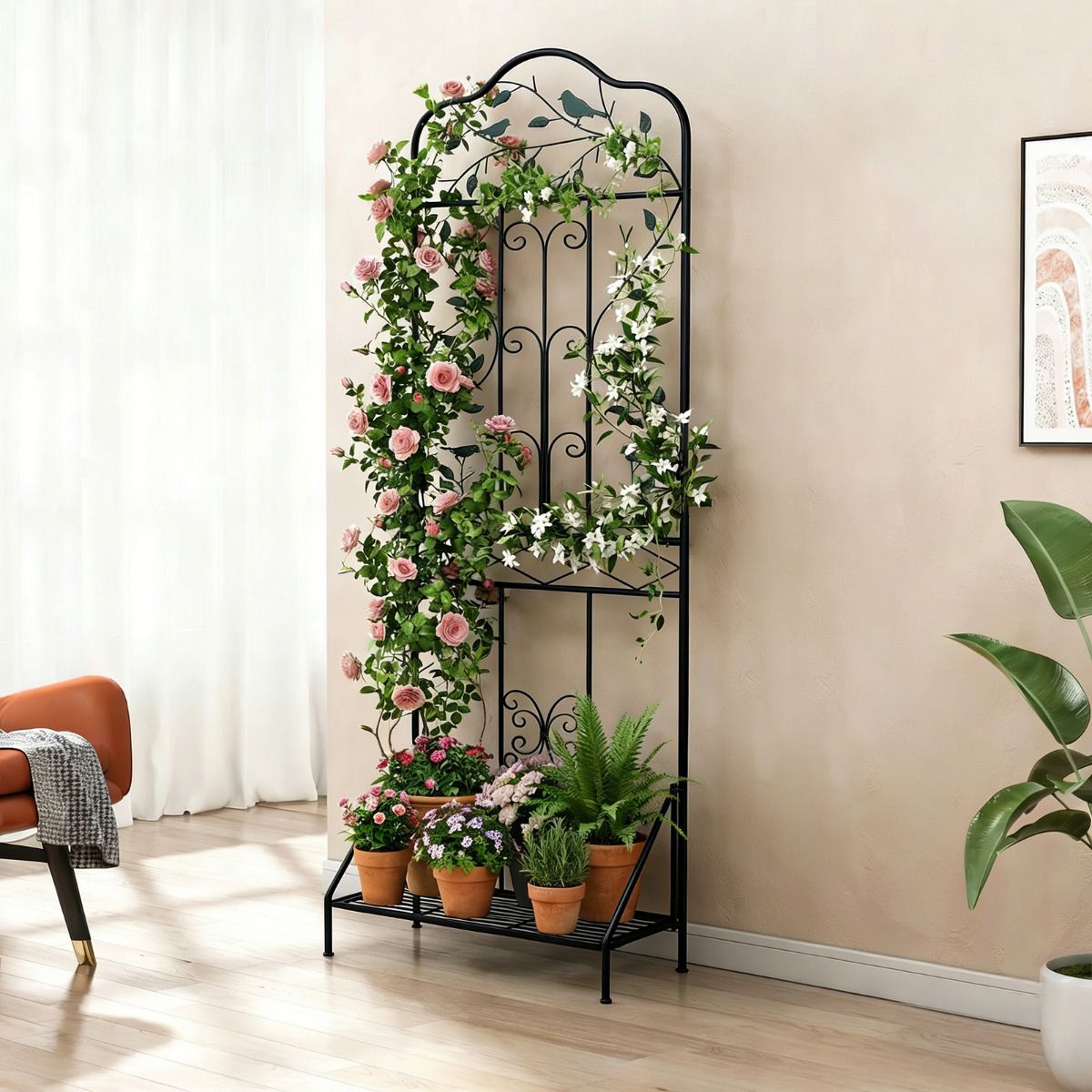 190 cm Freestanding Rose Metal Trellis with Foldable Shelf