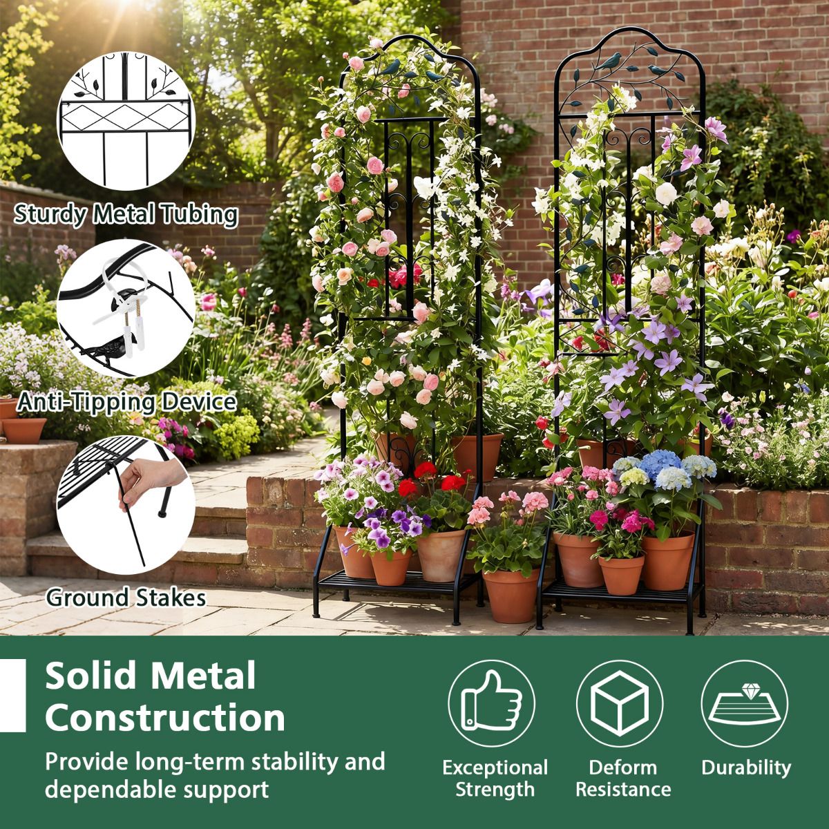 190 cm Freestanding Rose Metal Trellis with Foldable Shelf