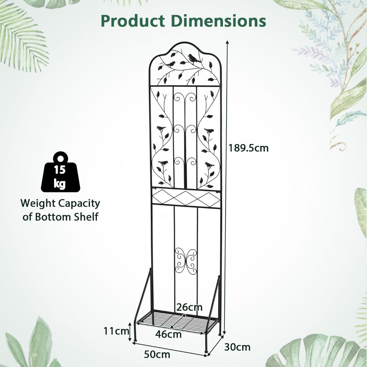 190 cm Freestanding Rose Metal Trellis with Foldable Shelf