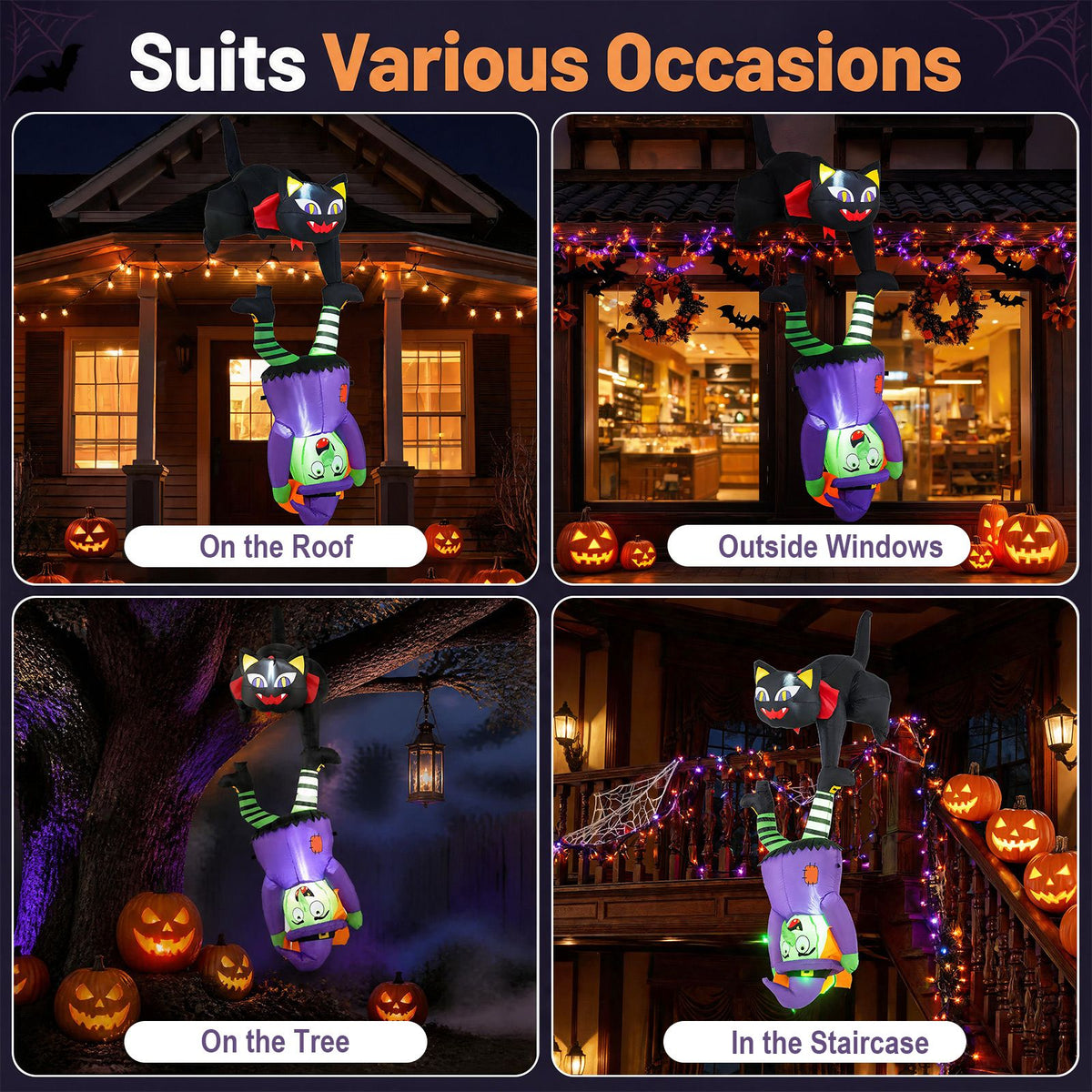 190cm Halloween Hanging Inflatable Witch and Black Cat
