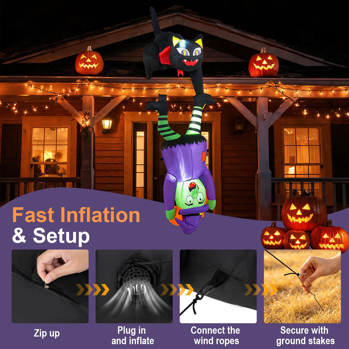 190cm Halloween Hanging Inflatable Witch and Black Cat