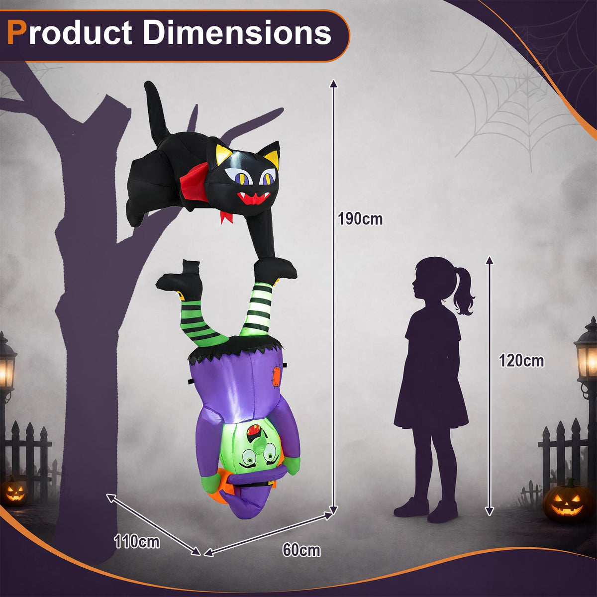 190cm Halloween Hanging Inflatable Witch and Black Cat
