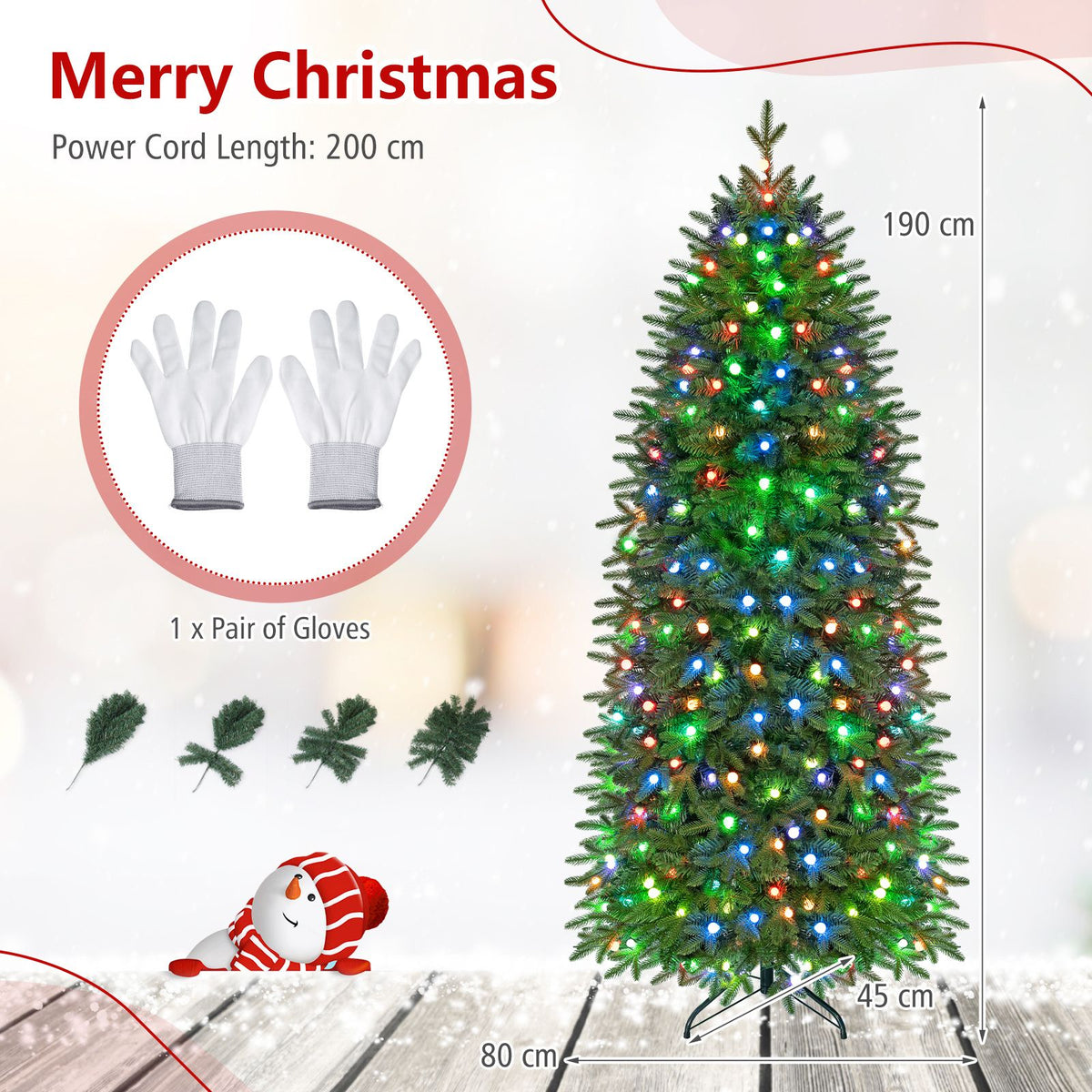 190cm Smart Pencil Christmas Tree with 220 Pre-Lit RGB LED Lights and Music Sync
