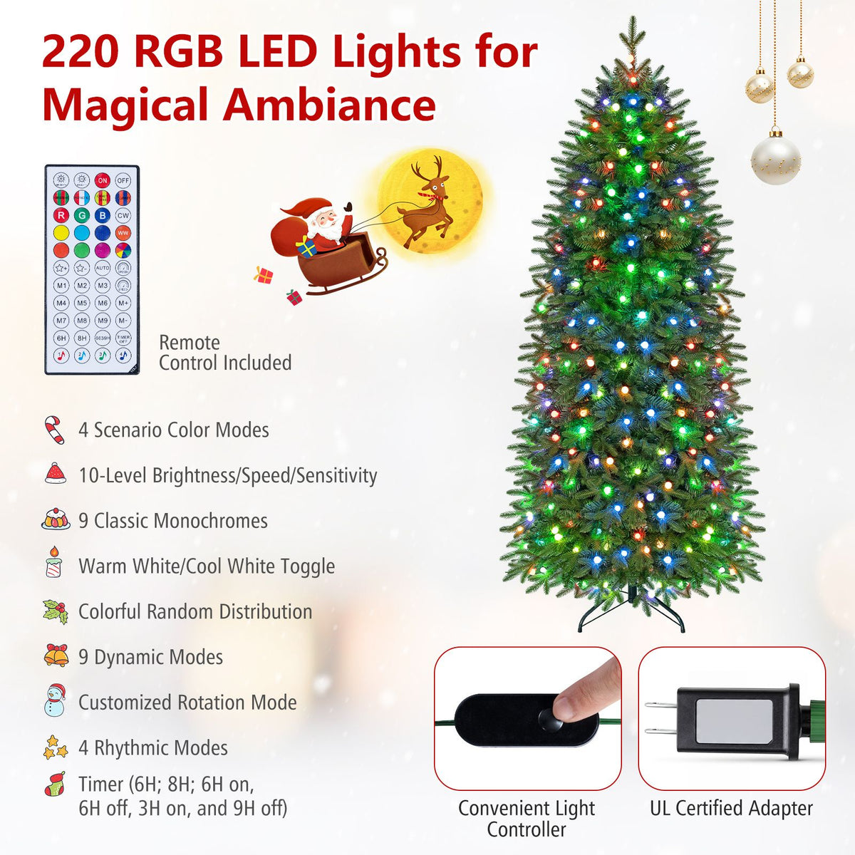 190cm Smart Pencil Christmas Tree with 220 Pre-Lit RGB LED Lights and Music Sync