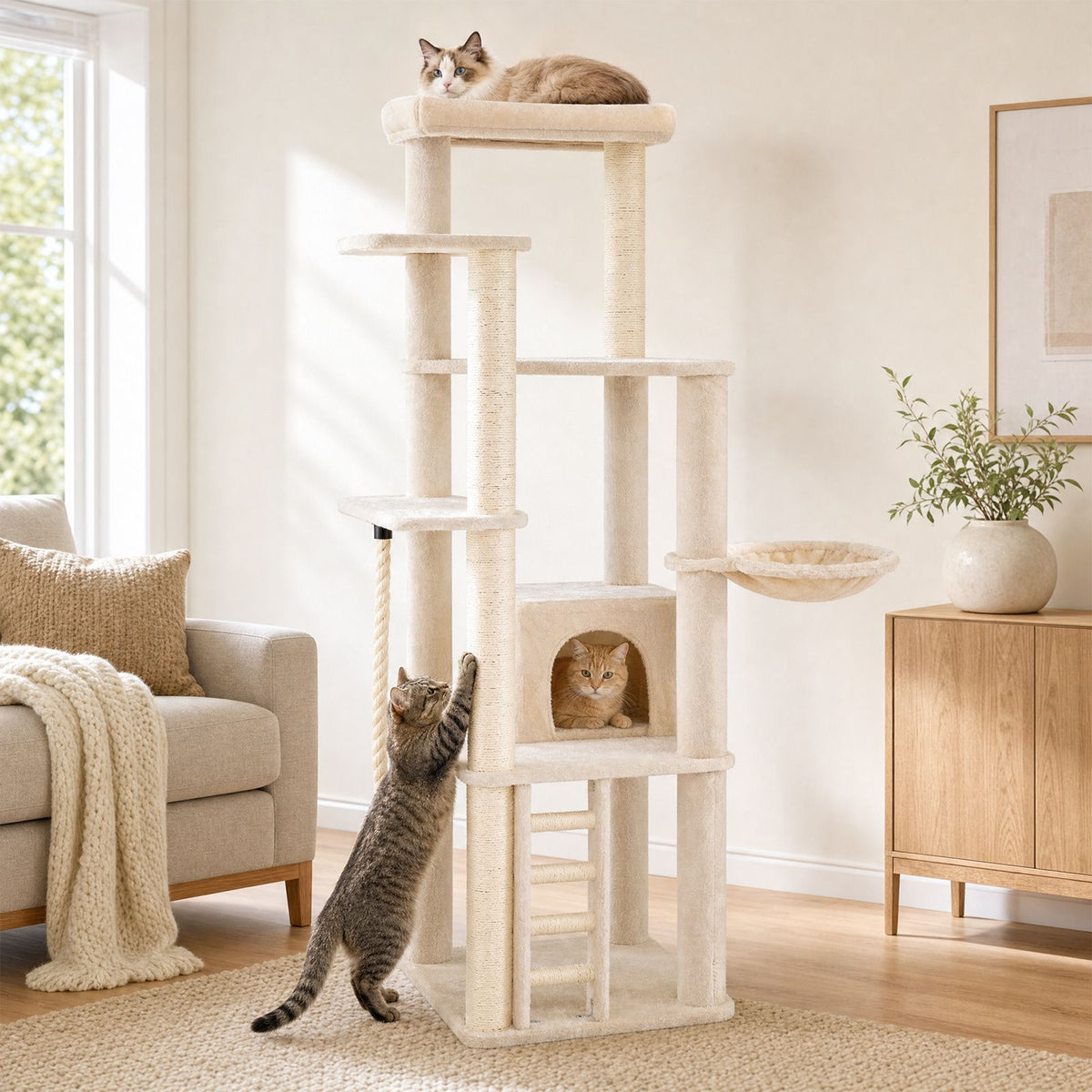 194 cm Tall Modern Cat Tree for Indoor Cats with Condo Top Perch and Sisal Scratching Posts