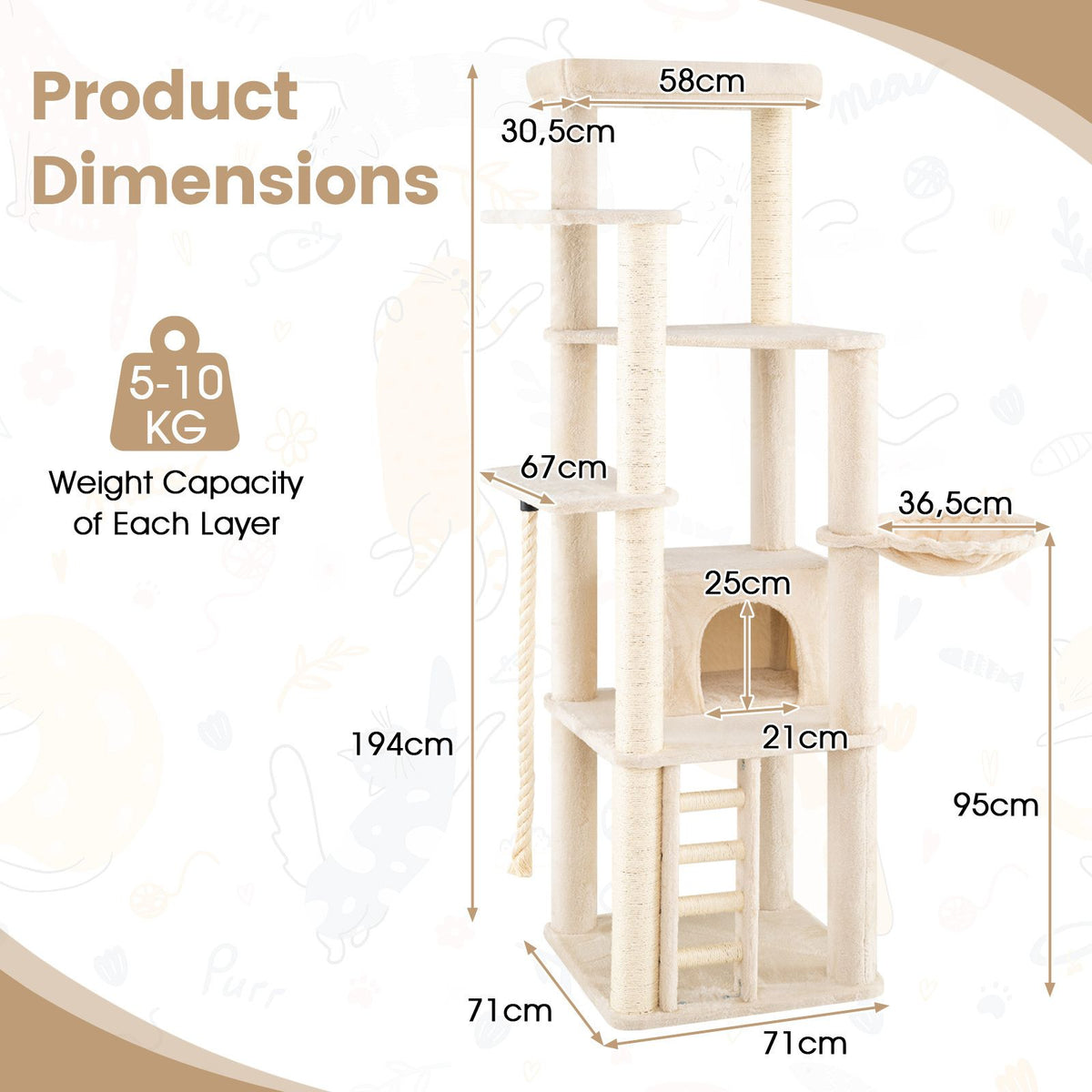194 cm Tall Modern Cat Tree for Indoor Cats with Condo Top Perch and Sisal Scratching Posts