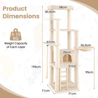 194 cm Tall Modern Cat Tree for Indoor Cats with Condo Top Perch and Sisal Scratching Posts