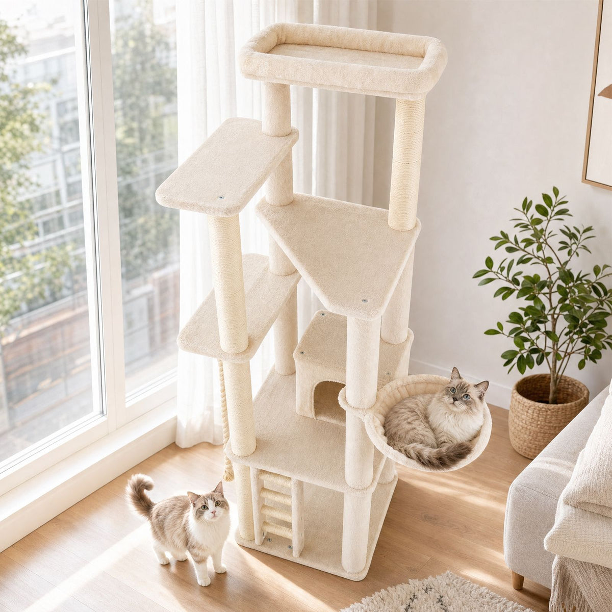 194 cm Tall Modern Cat Tree for Indoor Cats with Condo Top Perch and Sisal Scratching Posts