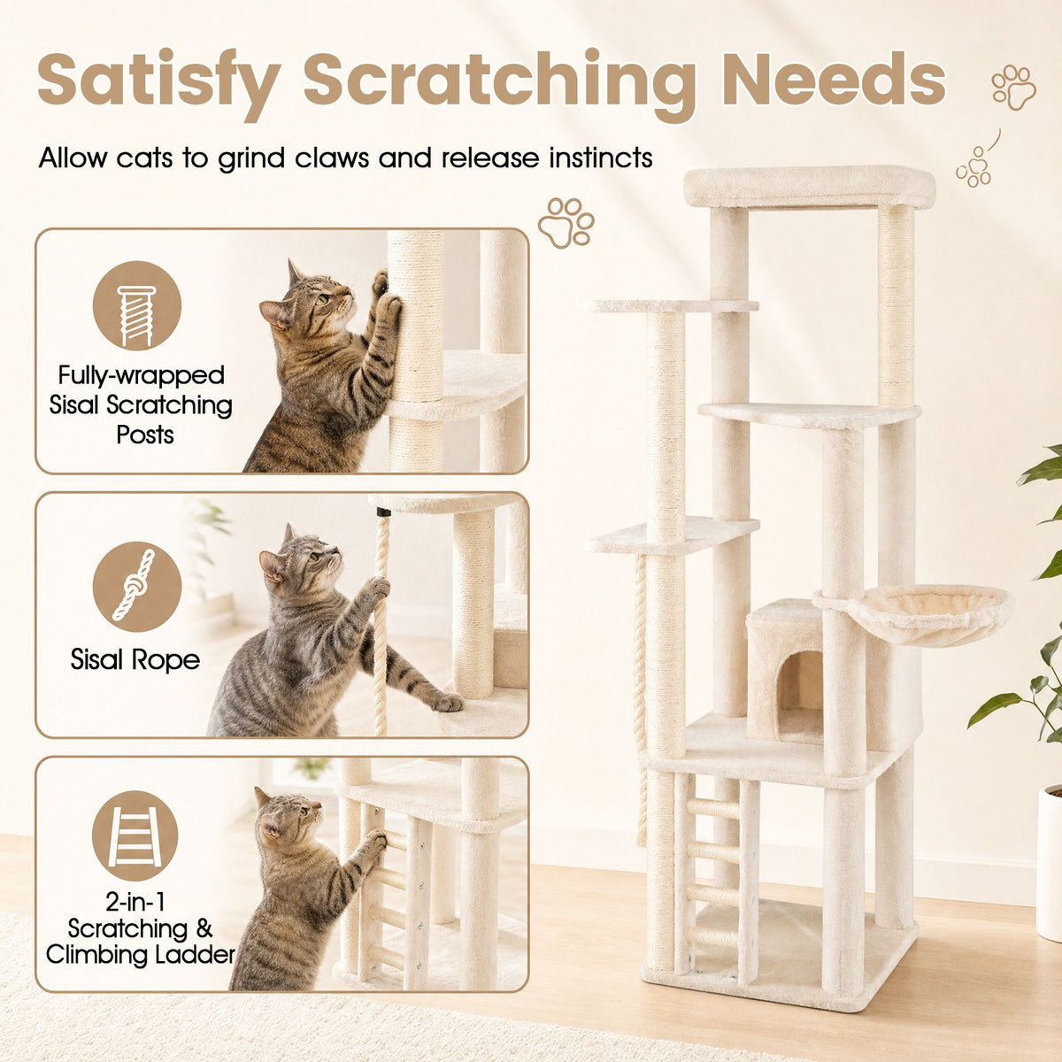 194 cm Tall Modern Cat Tree for Indoor Cats with Condo Top Perch and Sisal Scratching Posts