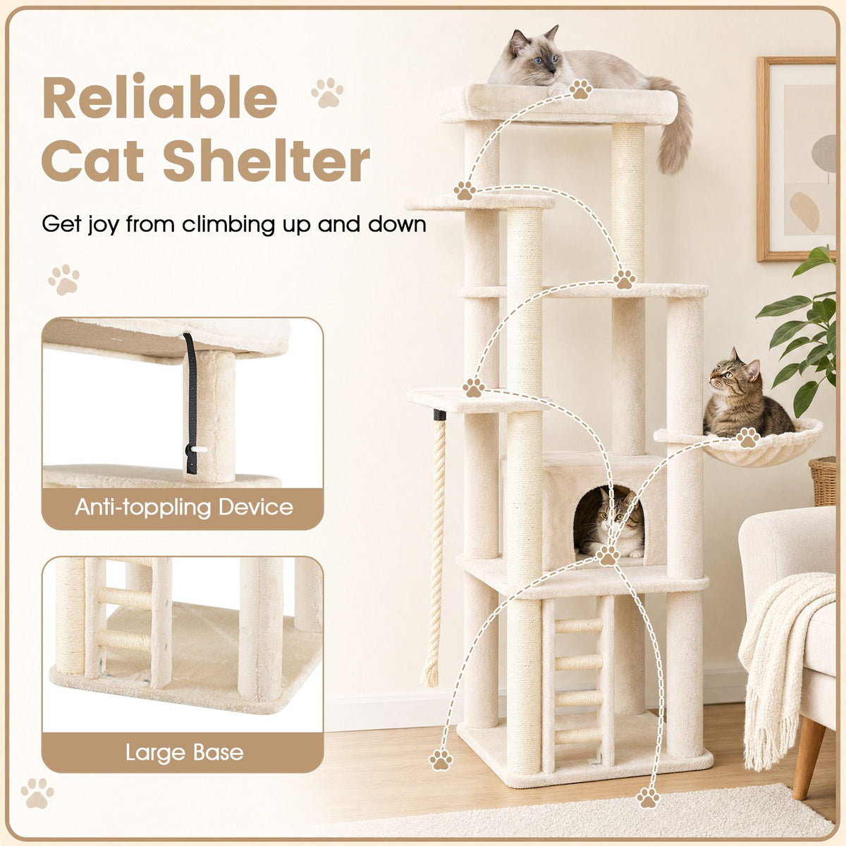 194 cm Tall Modern Cat Tree for Indoor Cats with Condo Top Perch and Sisal Scratching Posts