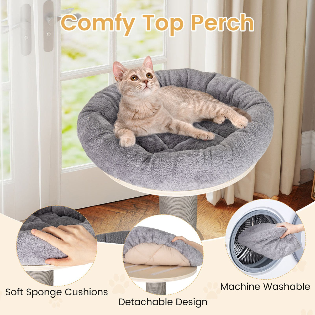 197 CM Cat Tree Multi-level Cat Tower w/Comfy Padded Top Perch & Detachable Mats