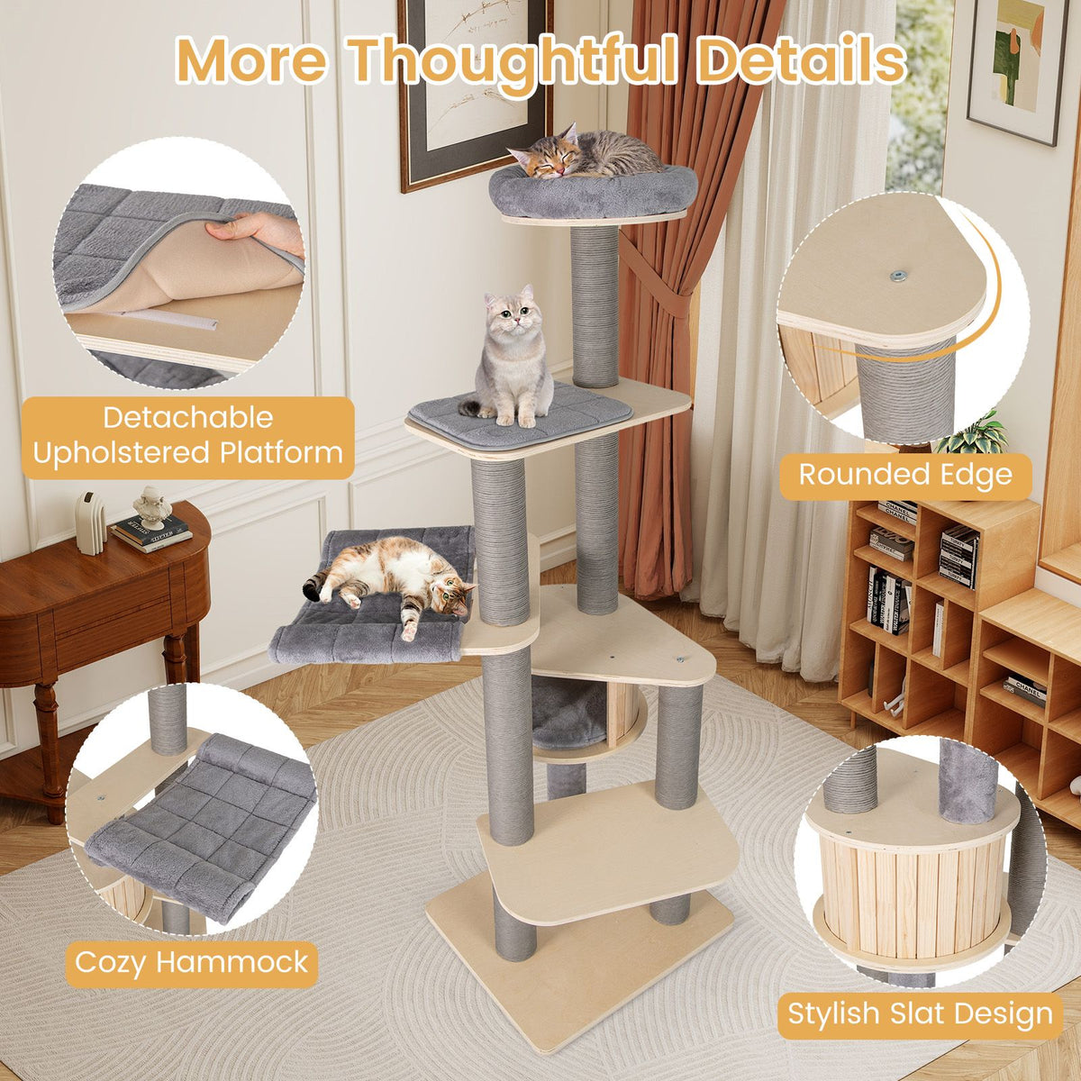 197 CM Cat Tree Multi-level Cat Tower w/Comfy Padded Top Perch & Detachable Mats