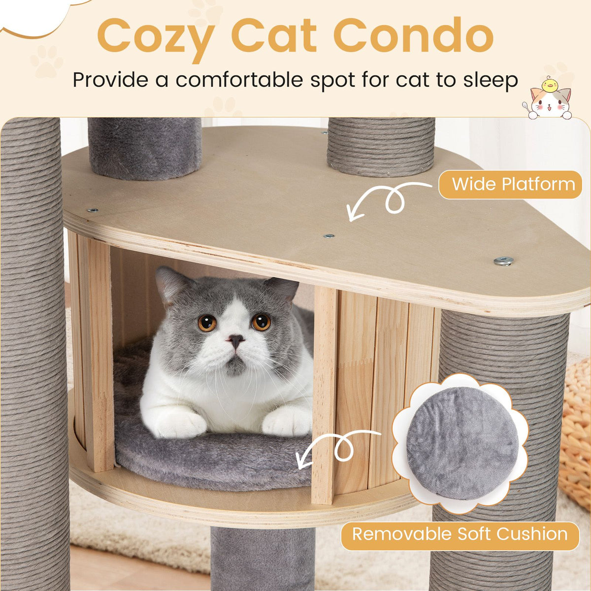 197 CM Cat Tree Multi-level Cat Tower w/Comfy Padded Top Perch & Detachable Mats