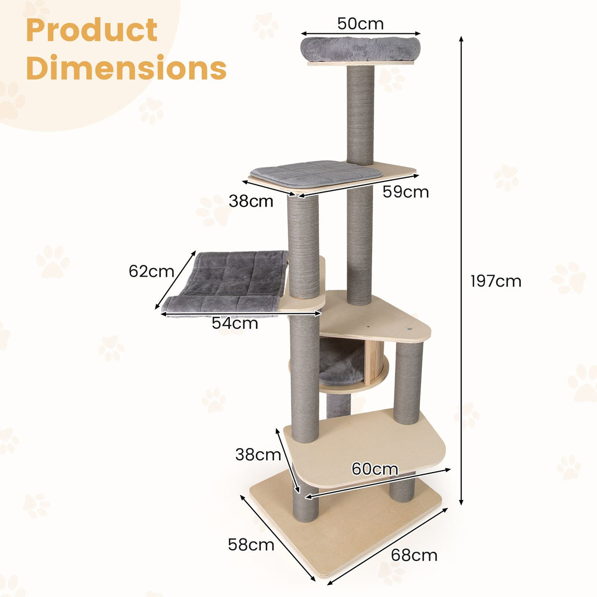 197 CM Cat Tree Multi-level Cat Tower w/Comfy Padded Top Perch & Detachable Mats