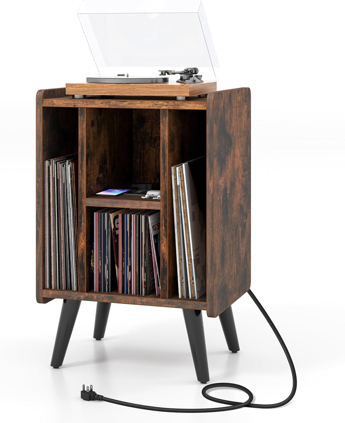 Record Player Stand Vinyl Storage Turntable Cabinet with Power Outlet & USB