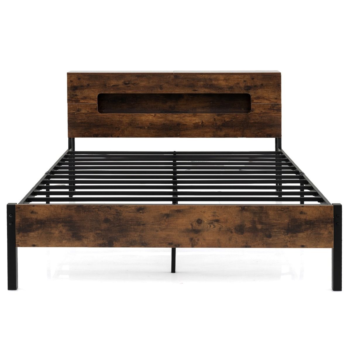 Bed Frame with LED Lights Industrial Platform Bed with Storage Headboard