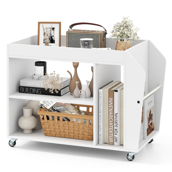 Side End Table 3-Tier Bookshelf with Universal Wheels Wooden Storage Rack