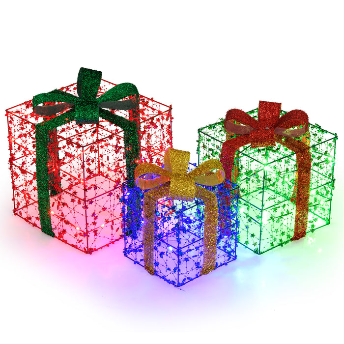 Christmas Lighted Gift Boxes, Set of 3 Present Boxes with Pre-Made Bow & Flashing Colorful LED Lights