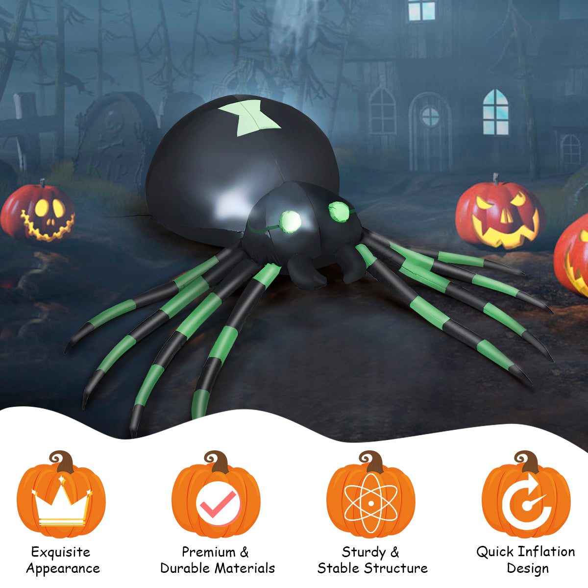 1.8M Halloween Inflatable Spider w/ LED Lights & Powerful Blower