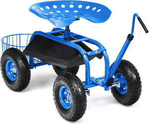 Garden Rolling Scooter w/ Storage Basket, Adjustable Seat
