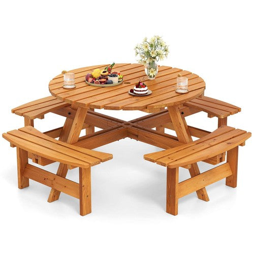 Round Picnic Table Set Patio Dining Camping Table w/ Built-in 4 Benches