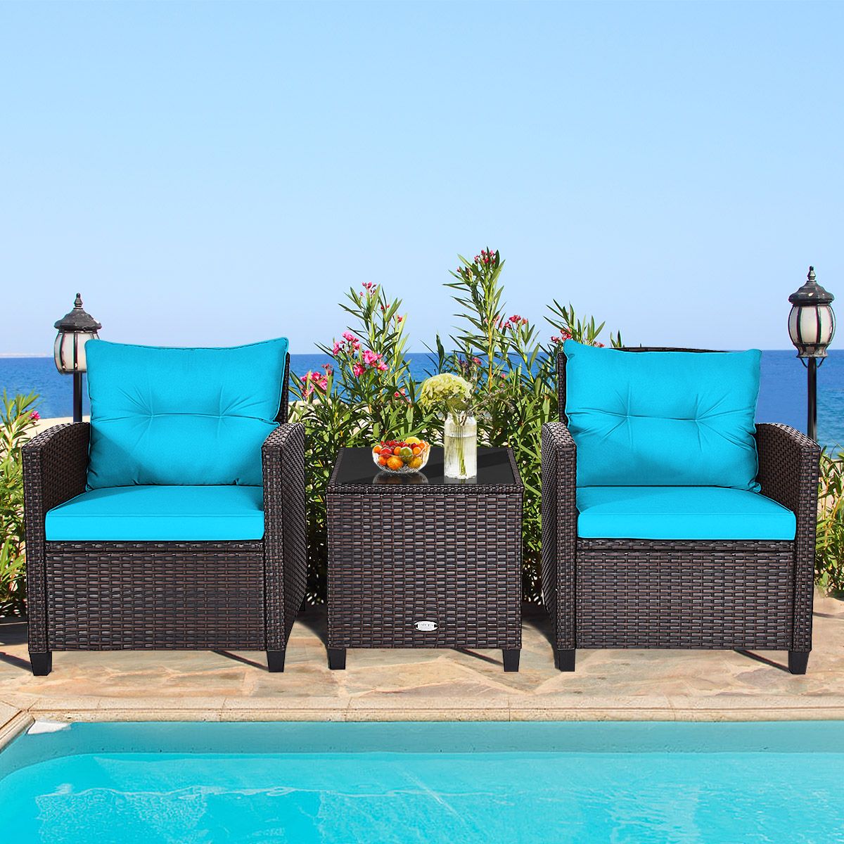 3 Pieces Patio Lounge Set, PE Rattan Wicker Outdoor Sofa Set w/Washable Cushion and Tempered Glass Tabletop