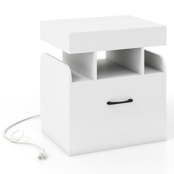 Nightstand with Charging Station, Bedside Table with Drawer & Sliding Top Storage