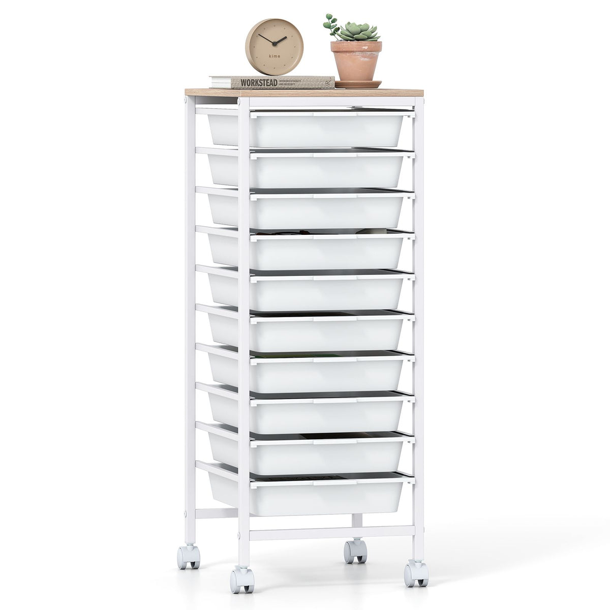 Rolling Storage Cart with 4/5/10 Drawers and Wooden Tabletop for Dorm and Classroom