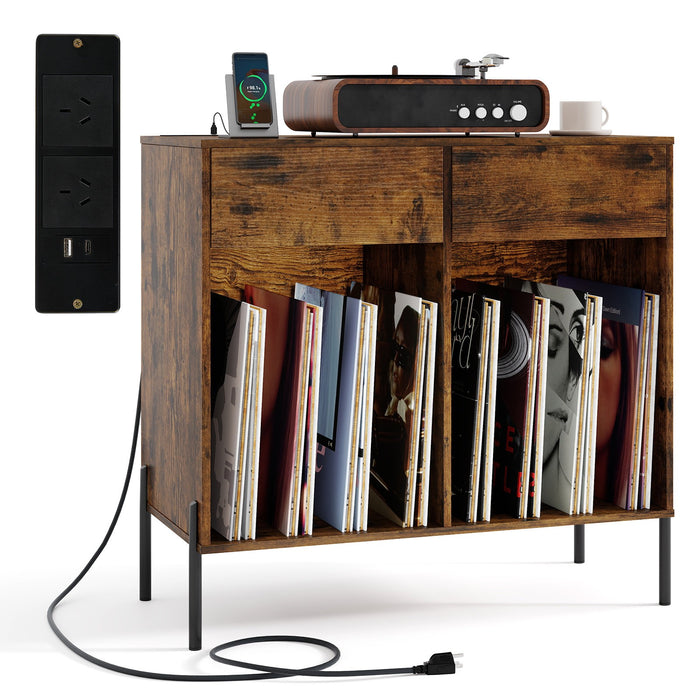 Record Player Stand w/ Power Outlets Vinyl Record Storage Turntable Display