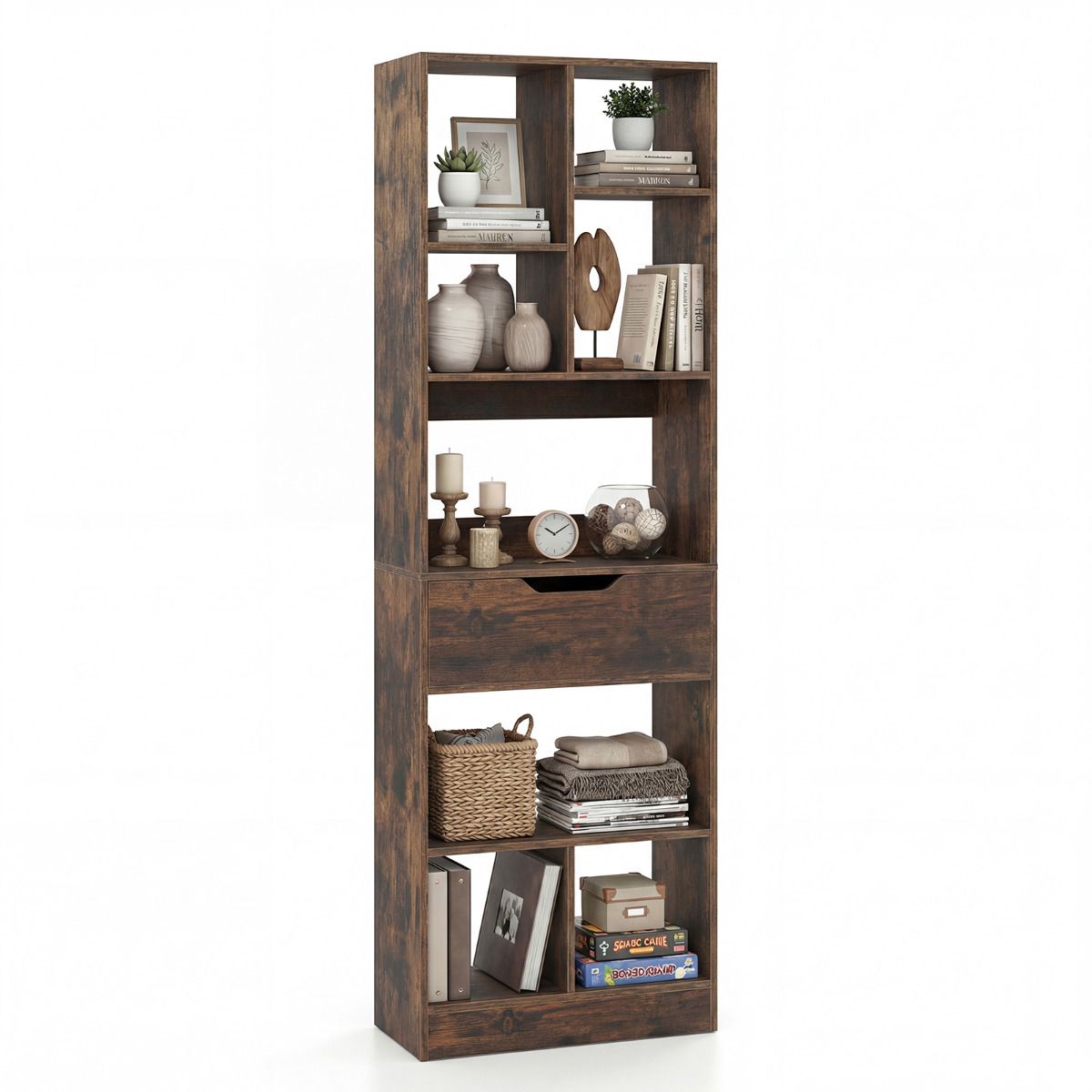 Tall Freestanding Bookshelf with Drawer and 7 Open Cubes