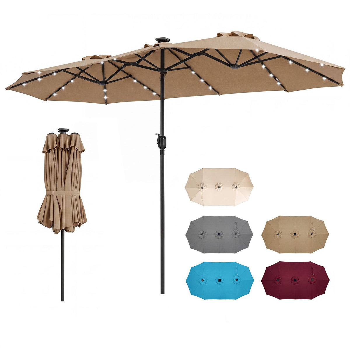 4M Double-Sided Patio Umbrella with Solar Lights and Crank Handle