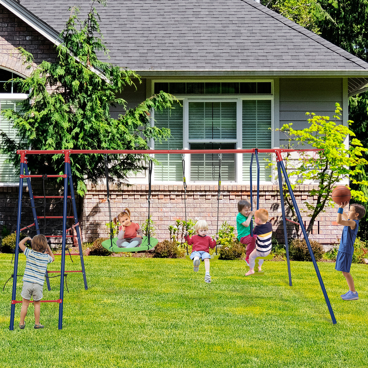 6-in-1 Patio Kids Swing Set Metal Frame with Swings and Climbing Ladder