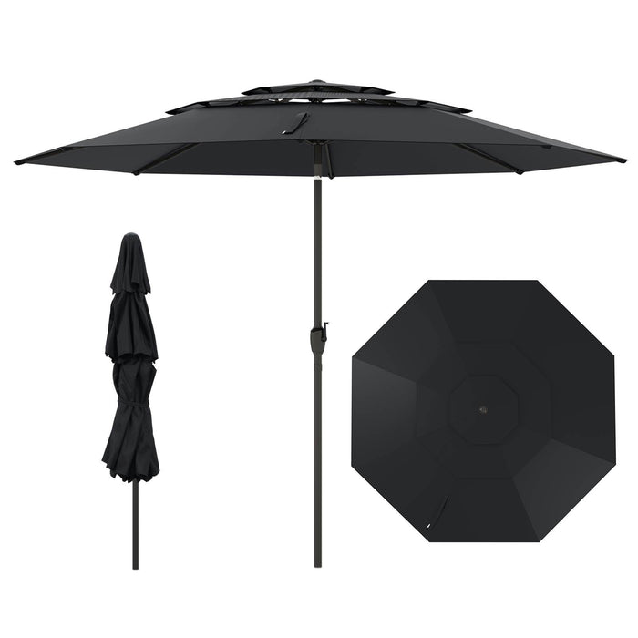 3 m 3-tier Vented Patio Umbrella Outdoor Heavy Duty Sun Shade w/Push Button Tilt