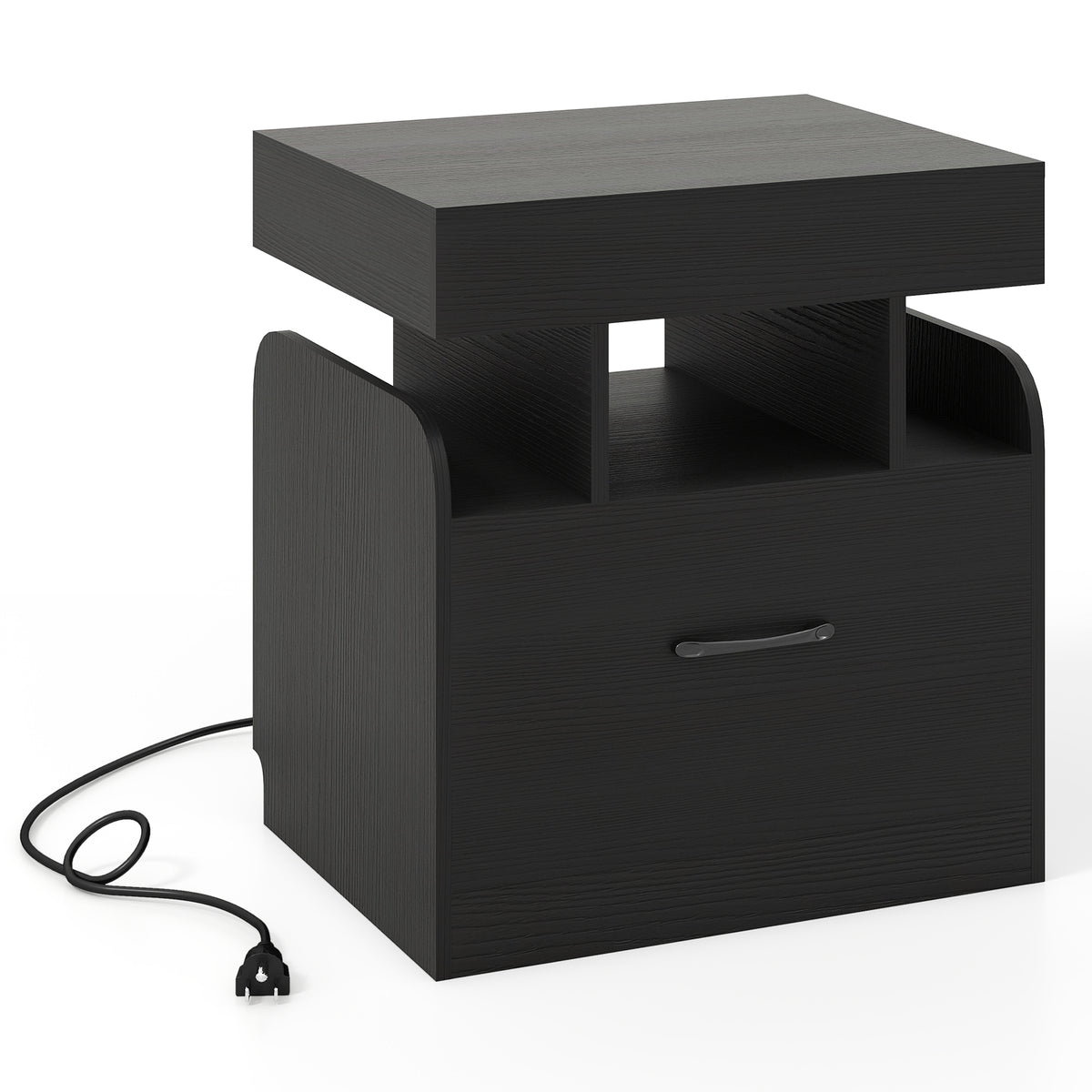 Nightstand with Charging Station, Bedside Table with Drawer & Sliding Top Storage